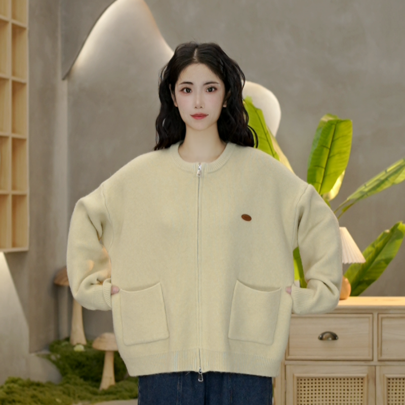 3985 秋冬季新款口袋针织开衫百搭宽松圆领上衣针织毛衣女