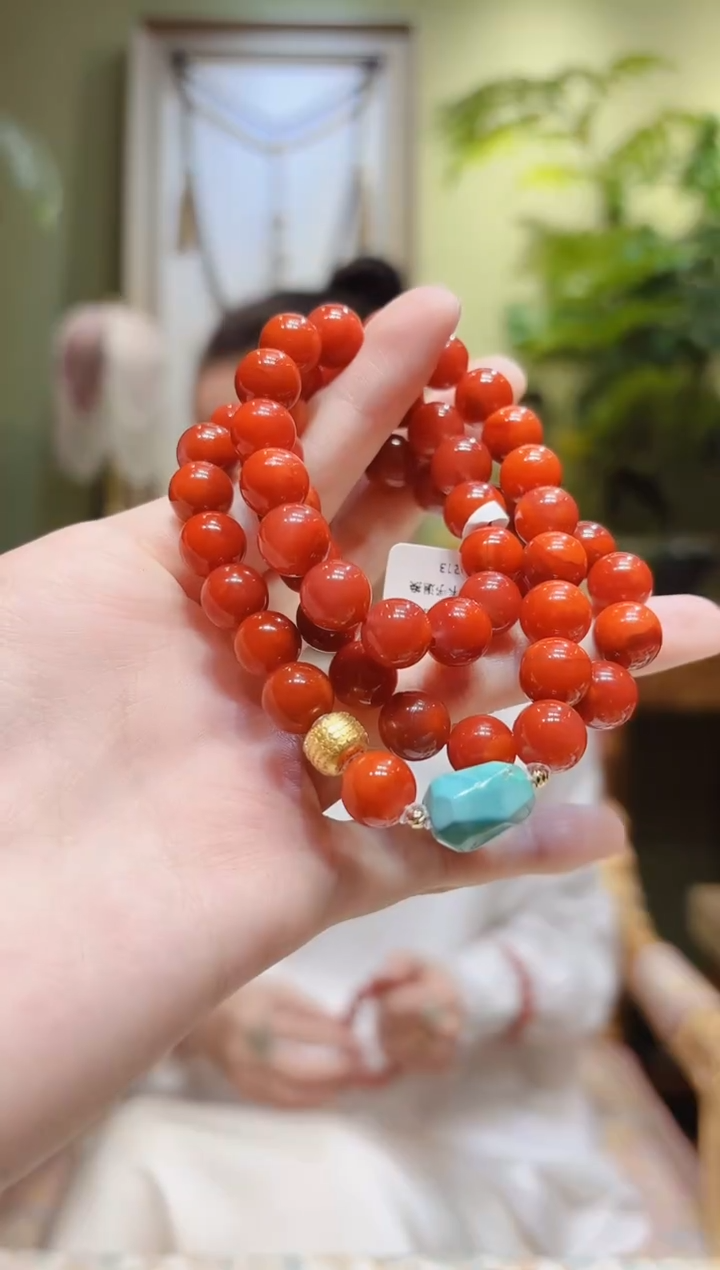 【闪购商品】南红玛瑙手串18K金镶嵌绿松糖豆南红项链T