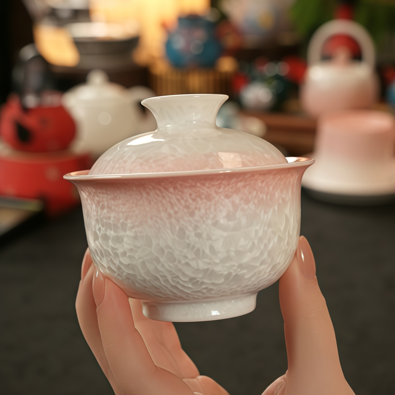 结晶釉渐变粉精致小清新轻奢风女士陶瓷茶具盖碗