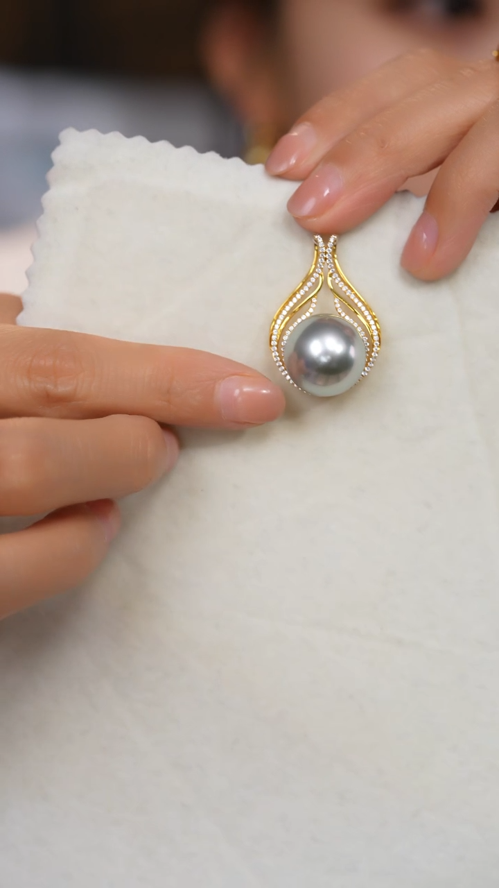 【闪购商品】海水珍珠吊坠(不含链)18K金镶嵌铂金灰16-17mm