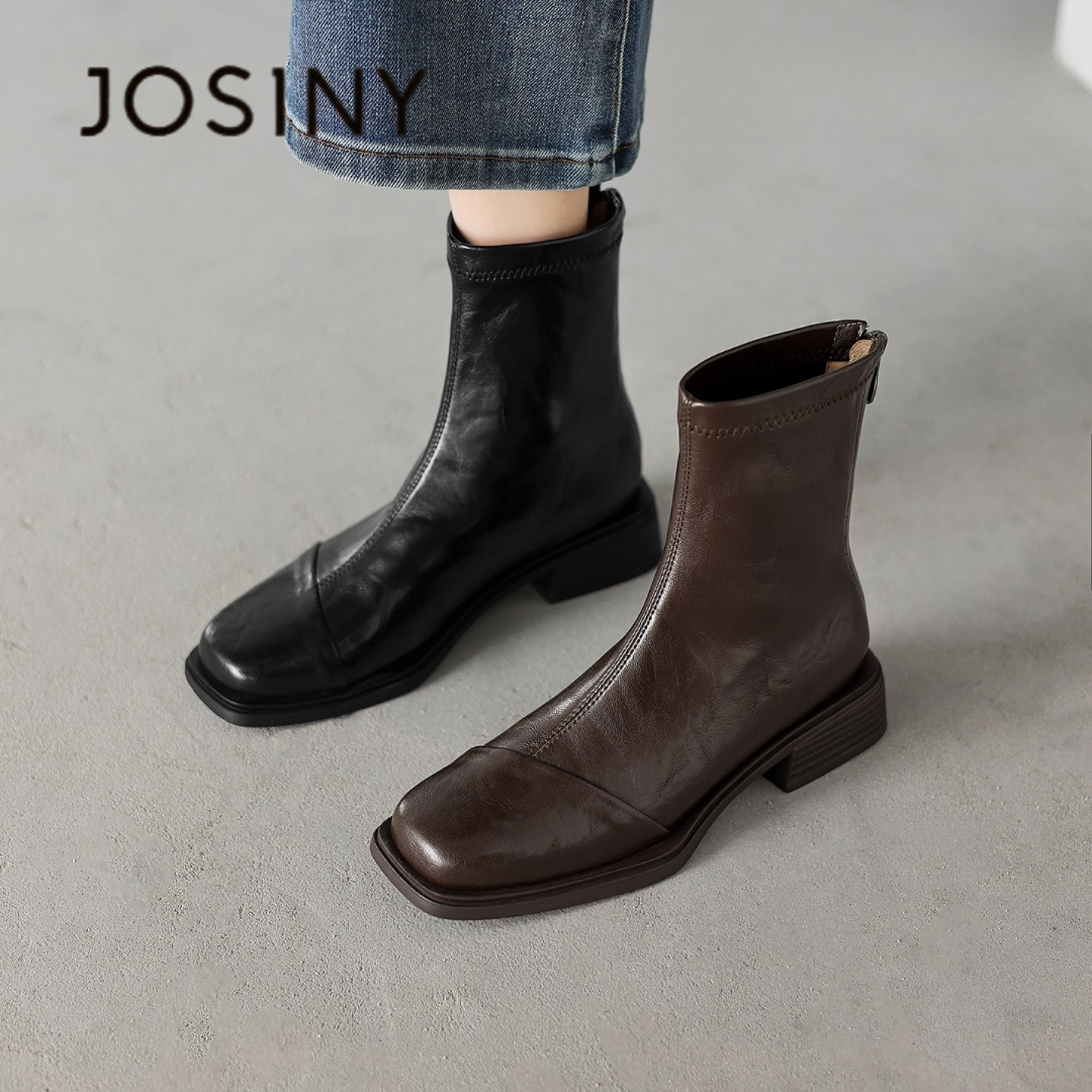 卓诗尼【断码清仓】短靴女2025新款秋冬季马丁靴百搭粗跟弹力瘦瘦靴