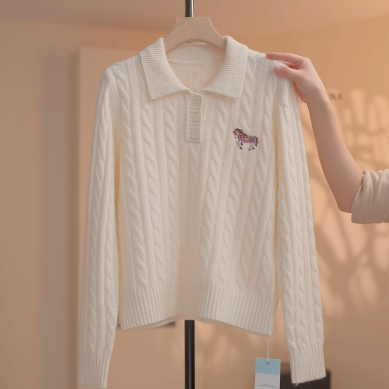 【越越】【100%绵羊毛】Polo领高级感小马刺绣百搭休闲针织衫-Y20289