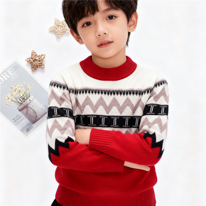 100%羊毛衫青少年秋冬季加厚红色儿童毛衣男童学生套头洋气中大童