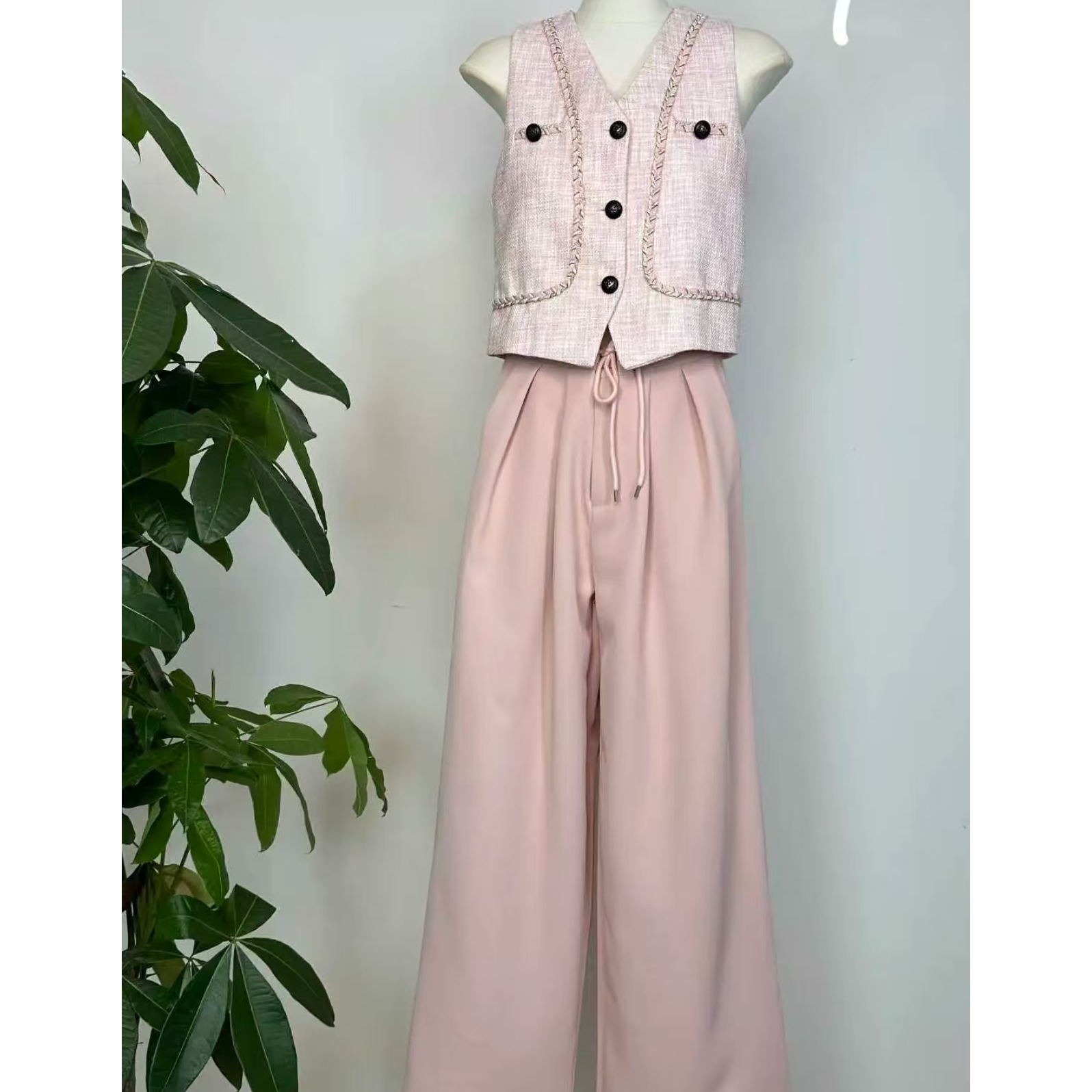 女装新款粉色小香风休闲马甲+韩系穿搭感气质阔腿裤两件套 0097 K