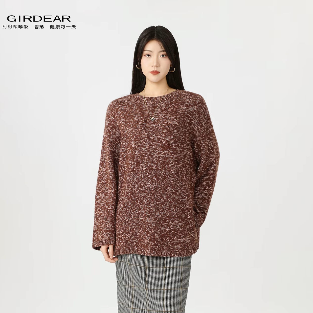 GIRDEAR/哥弟针织毛针织衫女士中高领毛衣女装休闲复古圆领138096