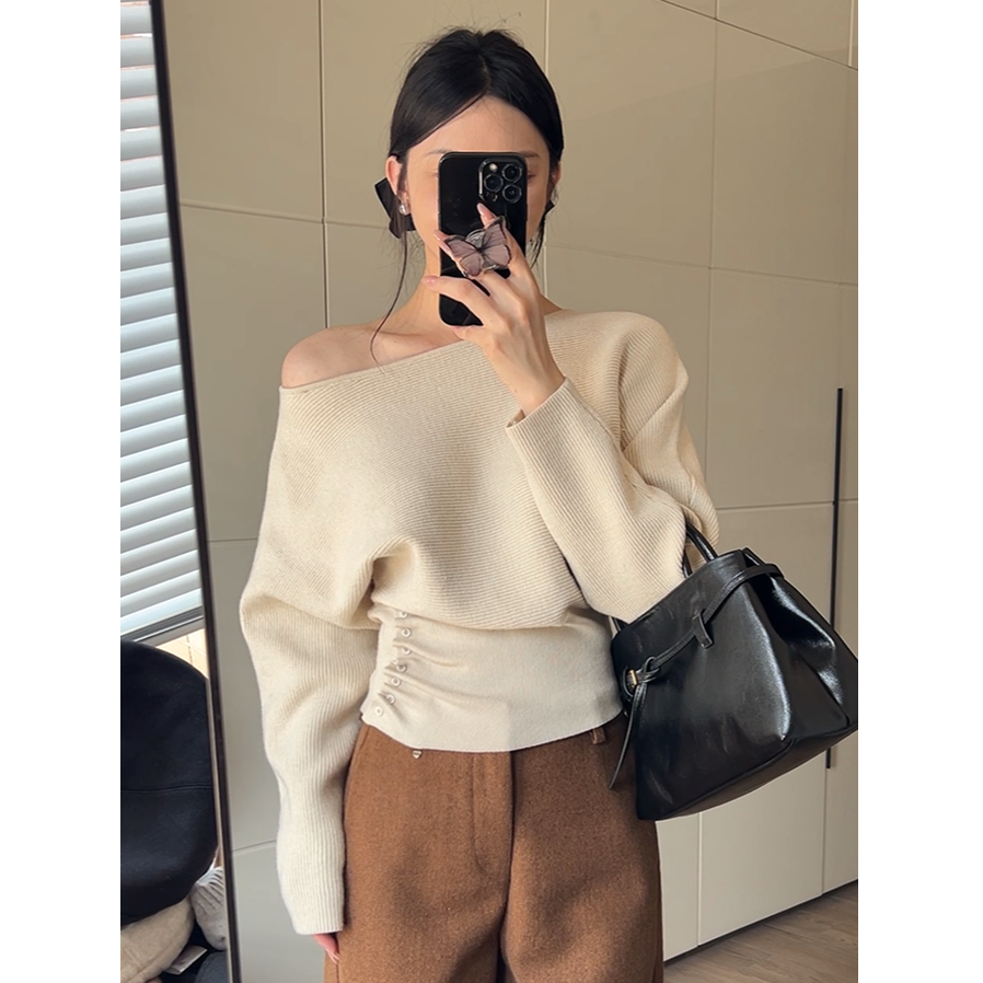 露肩针织衫女秋冬高级感慵懒软糯毛衣收腰显瘦内搭打底上衣短