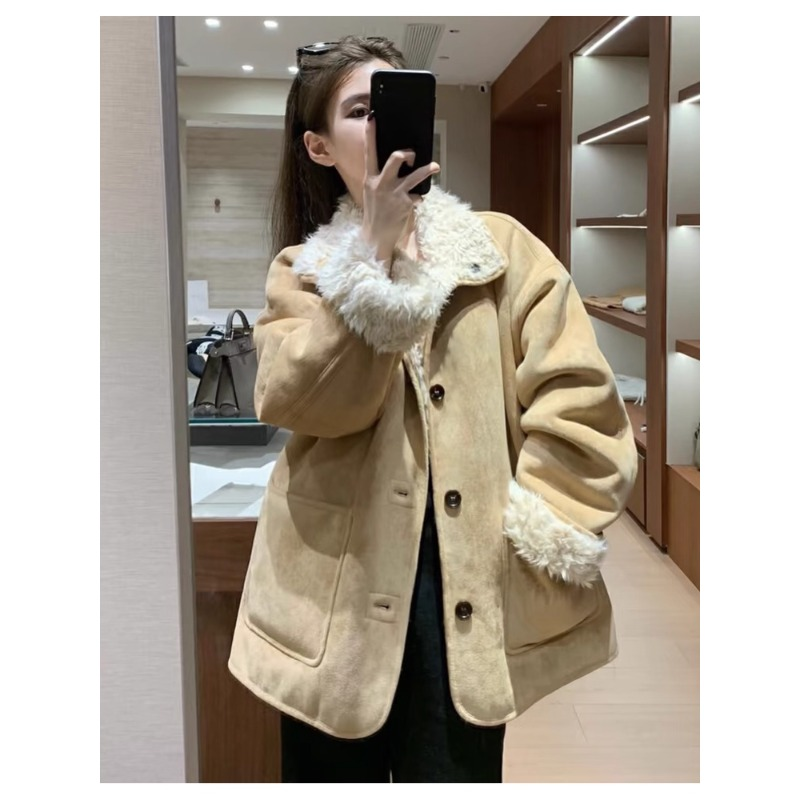 高级感加厚秋冬新款短外套女2024时尚拼接两面穿毛皮一体保暖大衣