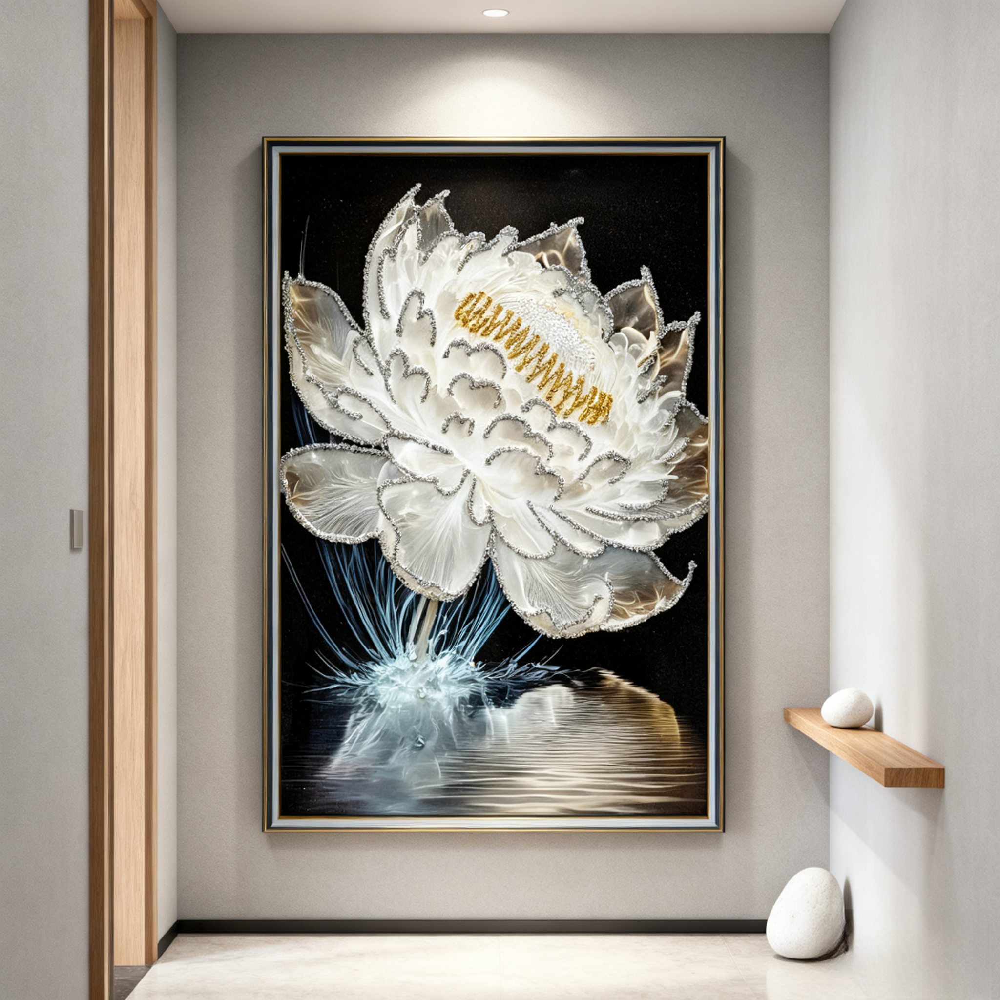 钢化玻璃光影睡莲餐厅玄关莲花装饰画挂画实物画立体镶嵌荷花手工