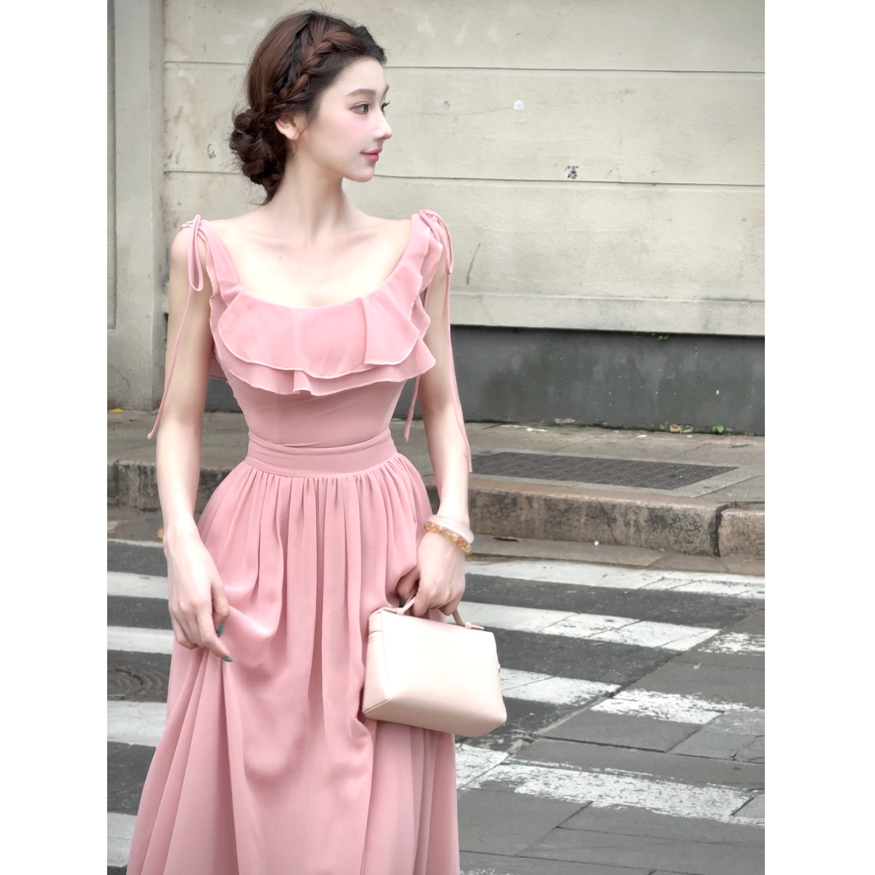 WW定制「粉黛樱落」法式轻奢气质纯欲修身显瘦收腰洋气连衣裙