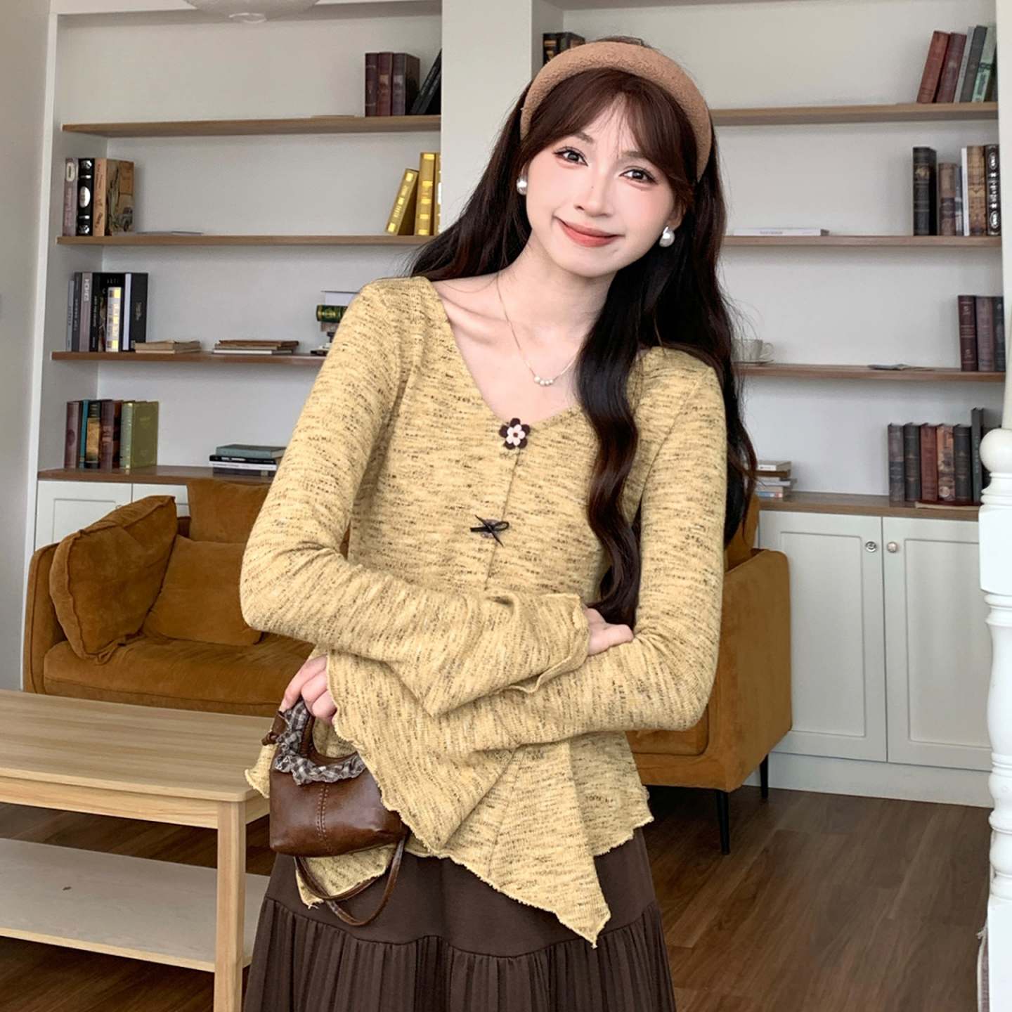 法式V领长袖针织衫女2025秋季新款设计感小众不规则掐腰上衣