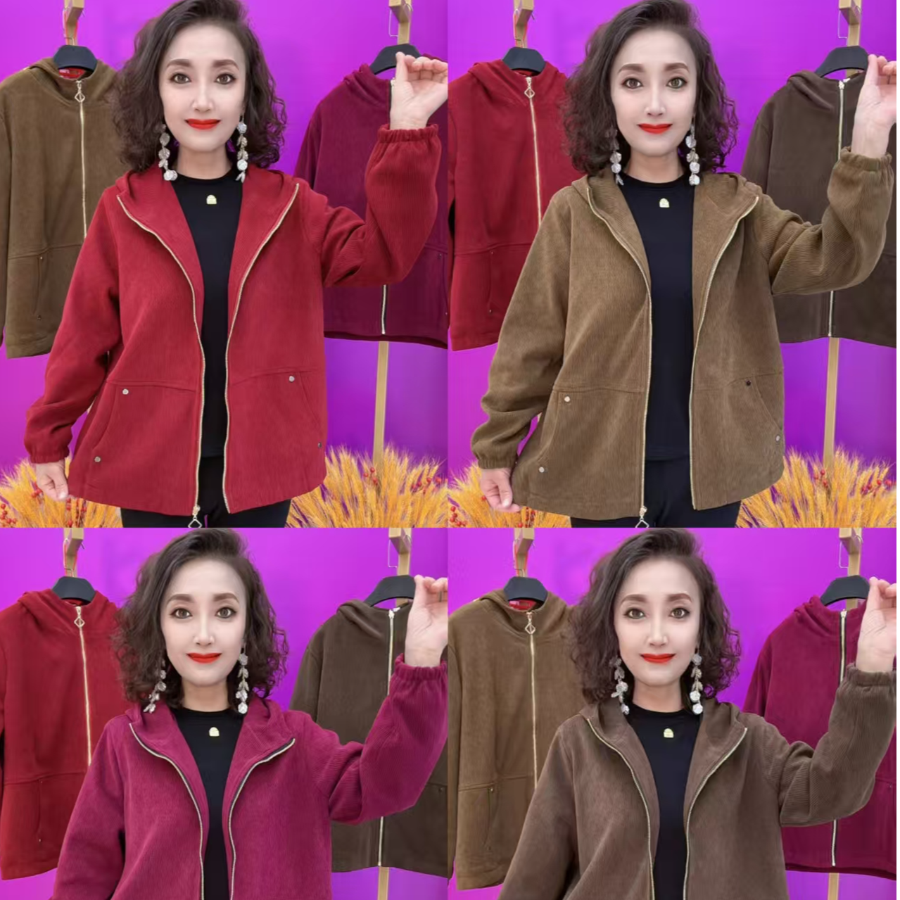 XU美雅555时尚女士带帽条绒外套四色