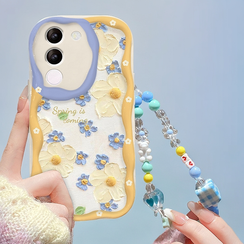 适用vivos18/17pro手机壳x100/90满屏油画花朵链条y77/52s透明软