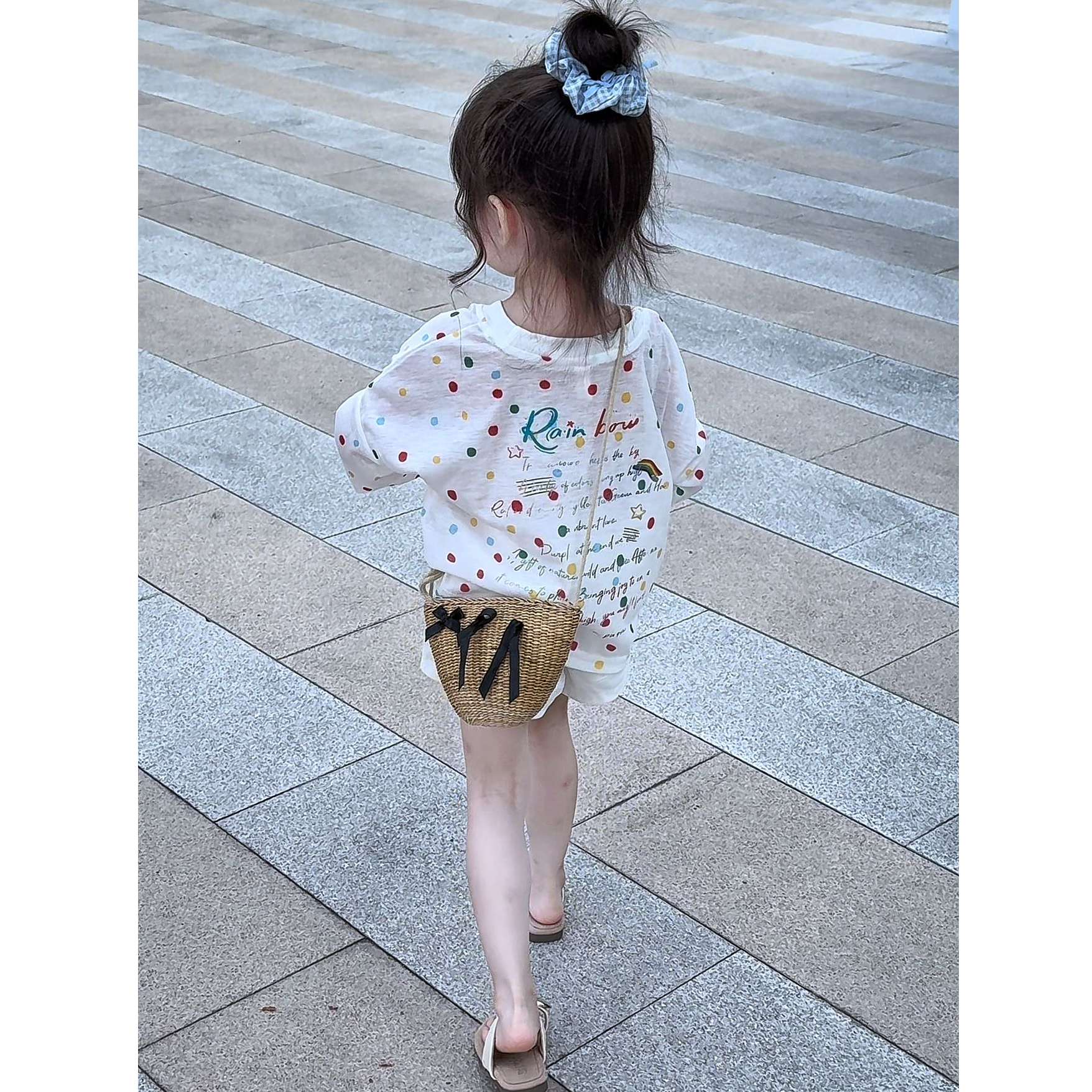 韩版童装女童夏装套装2025新款休闲彩色波点防晒罩衫上衣弹力短裤