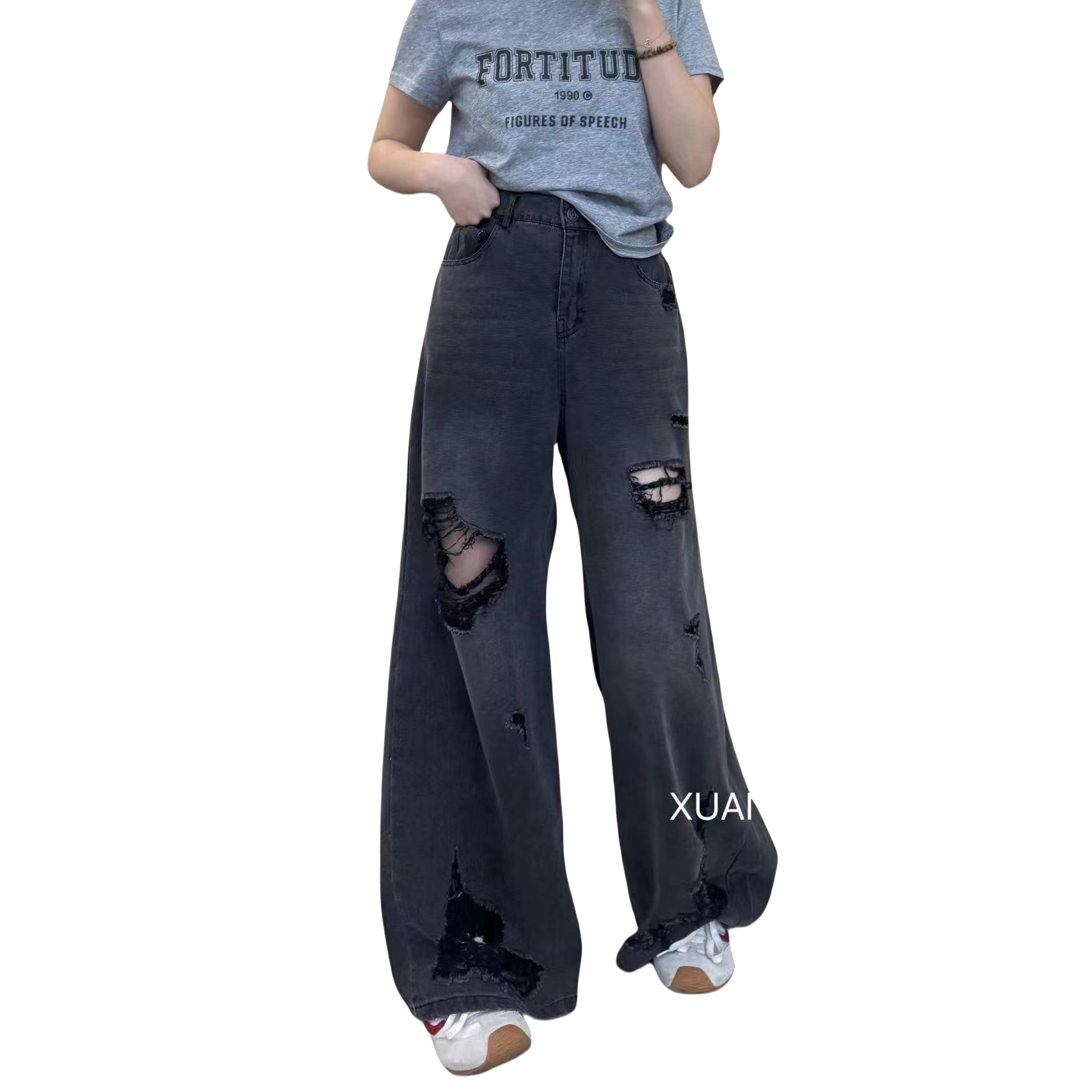 午餐肉美式复古破洞阔腿牛仔裤女夏季水洗高街宽松高腰拖地裤子