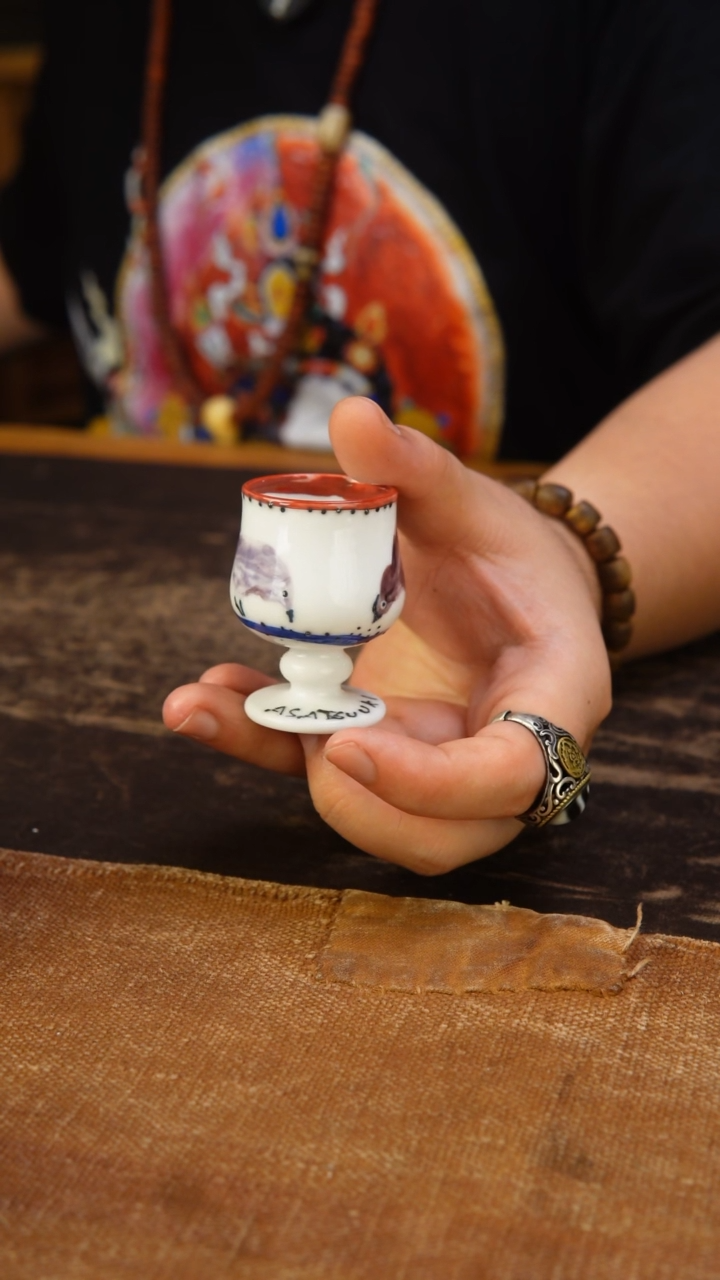 浅月  釉下两只小鸟杯杯