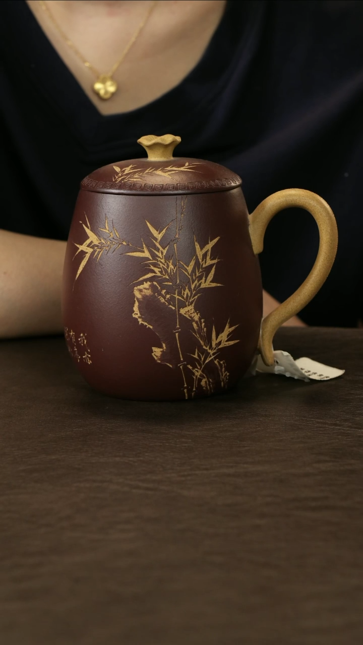 茶杯紫砂李建军 段泥粉紫 盖杯 刻竹 