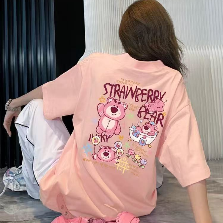 前后草莓熊100%纯棉印花T恤短袖夏季男女同款情侣款潮牌百搭卡通