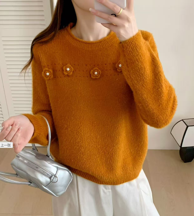 不起球韩版手工钩花钉珠花朵长袖针织衫女2025显瘦打底上衣毛衣