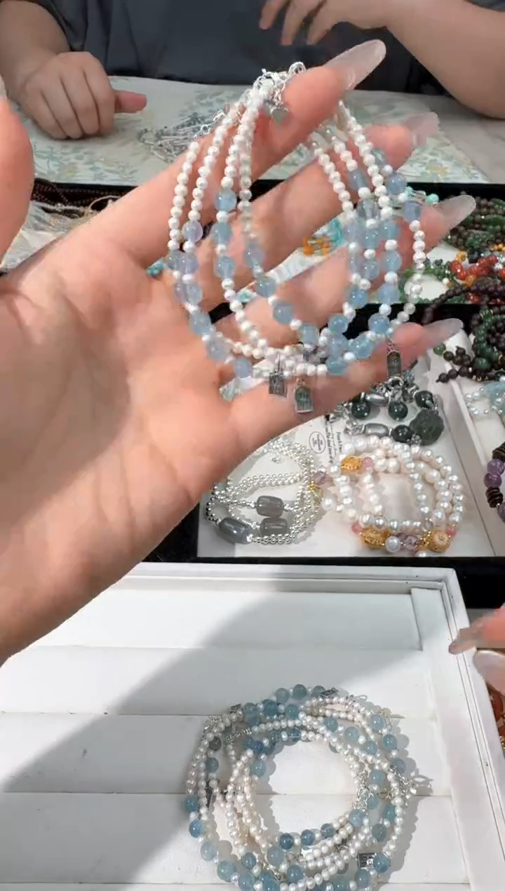 水晶手链银S925镶嵌M002珍朱海蓝设计款