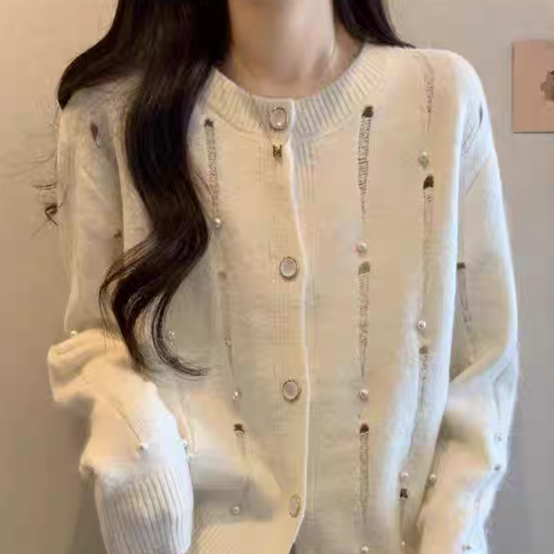 【设计感钉珠】初秋穿搭小香风重工钉珠破洞毛衣外套女小众上衣