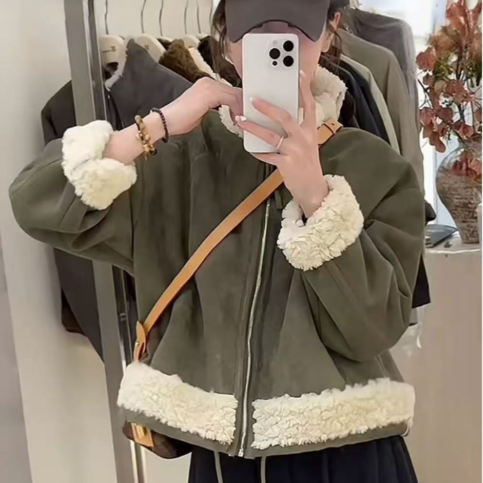 复古百搭立领毛毛显瘦减龄加厚短外套