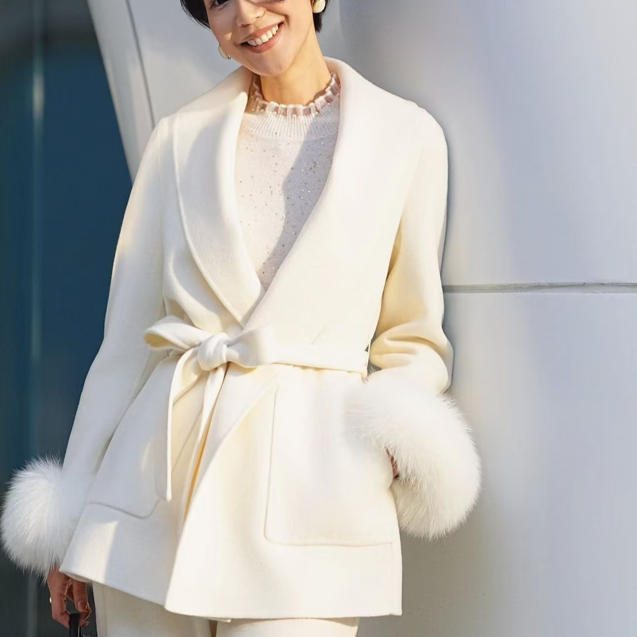 【拉】大衣气质网红白色时尚百搭双面羊绒秋冬