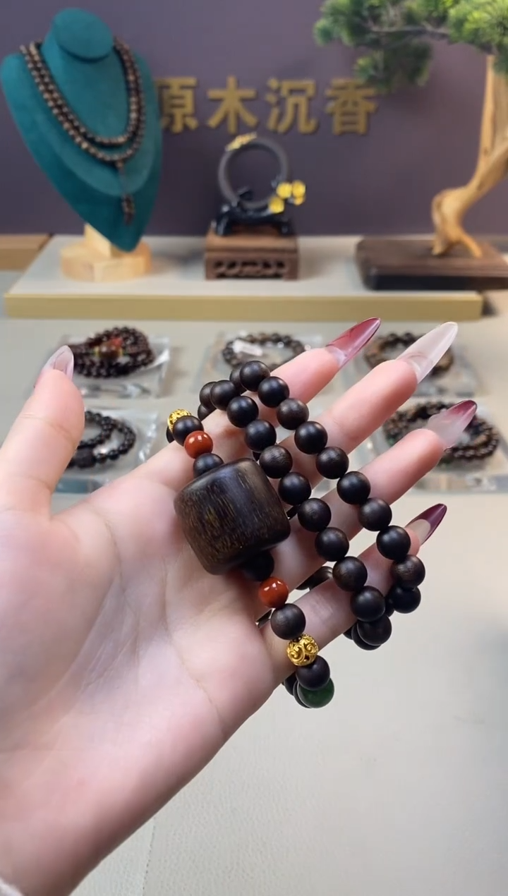 【闪购商品】沉香手串J玉化紫08+虎斑留疤白棋楠沉香木雕顶珠