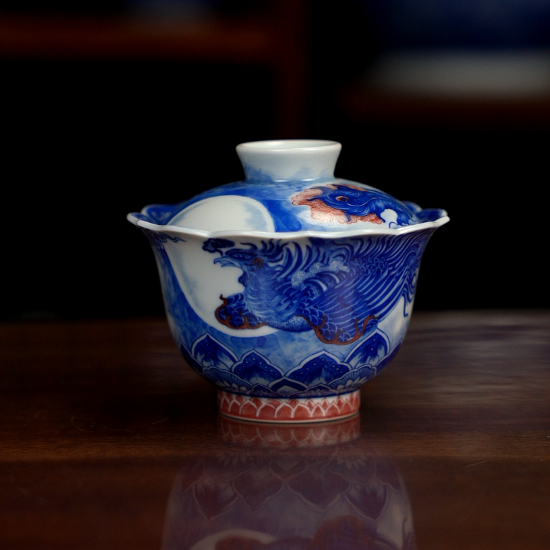 自成堂柴窑青花凤纹花口盖碗纯手工手绘茶具茶器家用中式泡茶盖碗