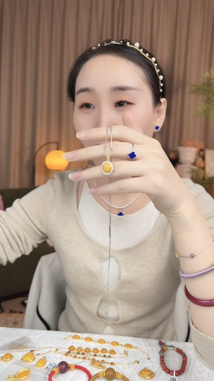 吊坠(不含链)银S925镶嵌淡水珍珠圆盘蜜腊吊坠