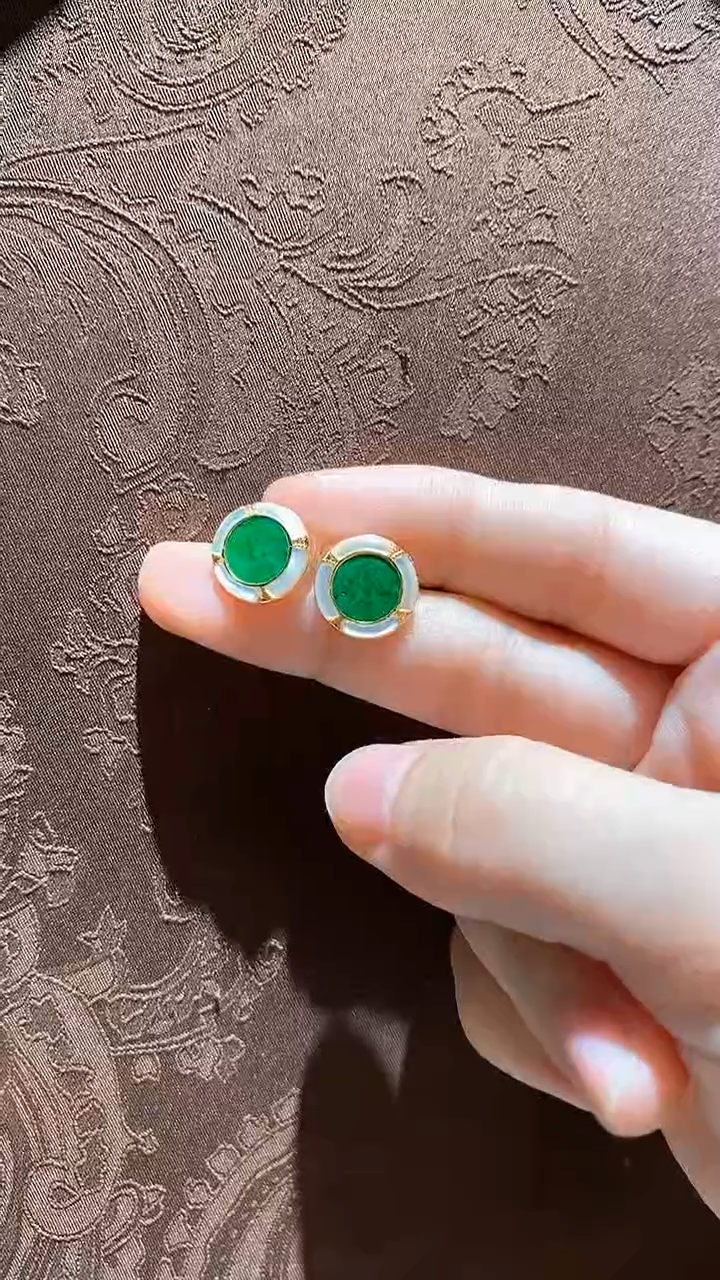 【闪购商品】翡翠银S925镀金镶嵌耳钉红翡绿翠 