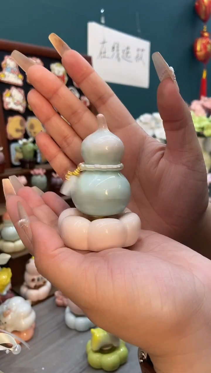 摆件陶粉色葫芦景德镇陶瓷转转1个装