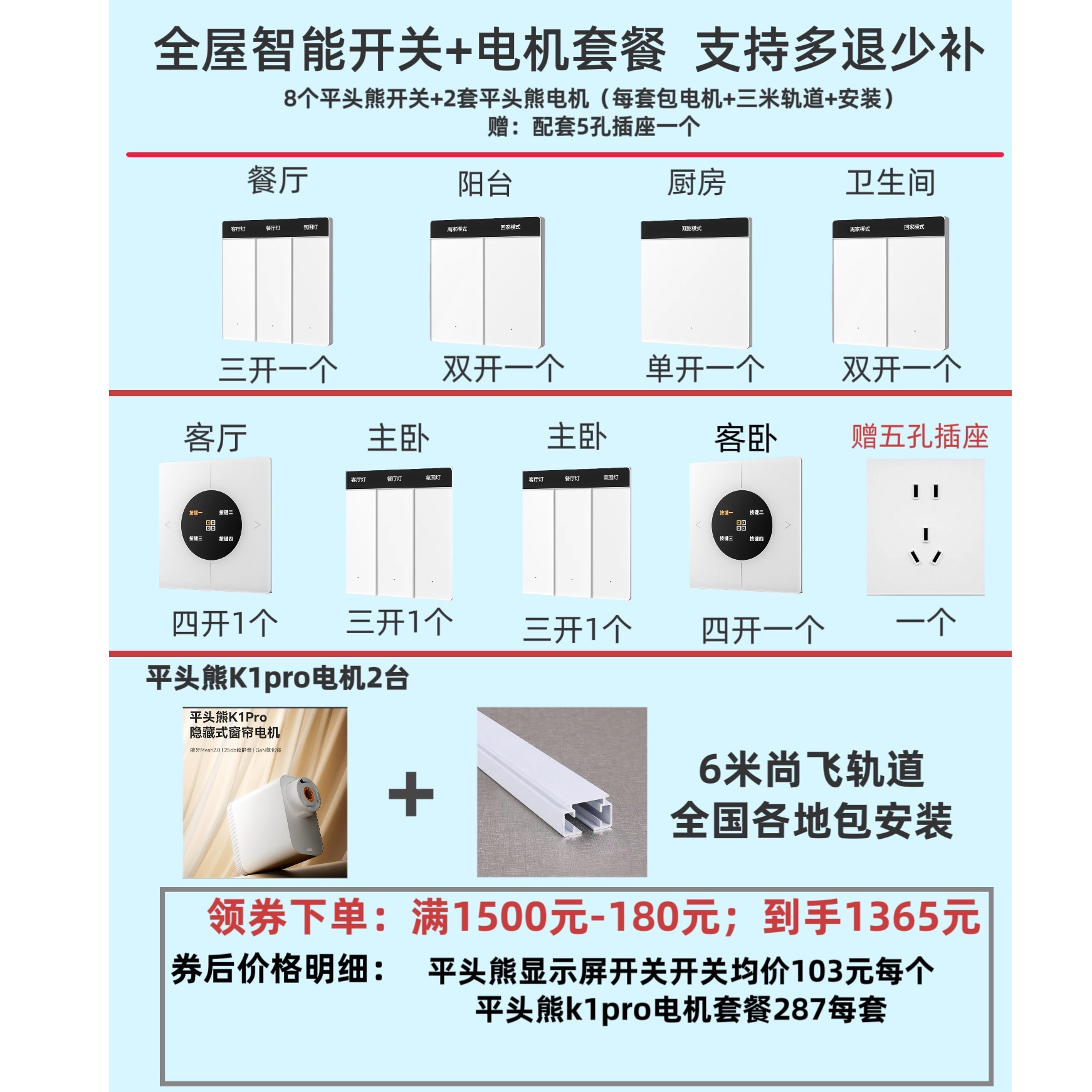 【轻智能全屋套餐B+】平头熊K1PRO2.0智能开关+平头熊K1PRO窗帘电机