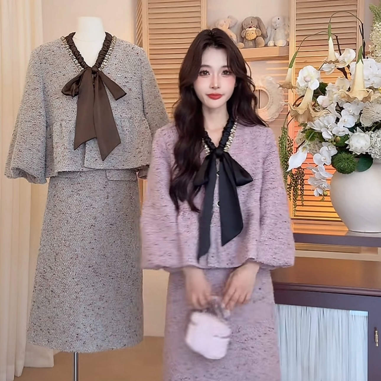 【花漾少女套装】秋冬新款女装财阀千金小众老钱风灯笼袖毛呢套装