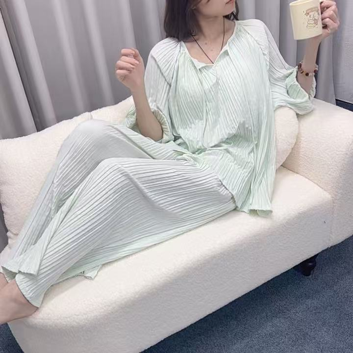 春季新款褶皱套装高端纯色宽松减龄两件套居家睡衣