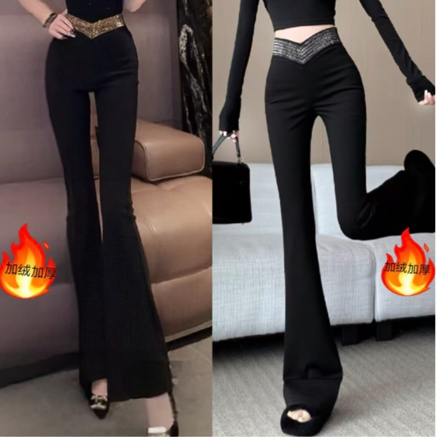 加绒加厚微喇西装裤女秋冬设计感烫钻高腰显瘦修身休闲拖地喇叭裤