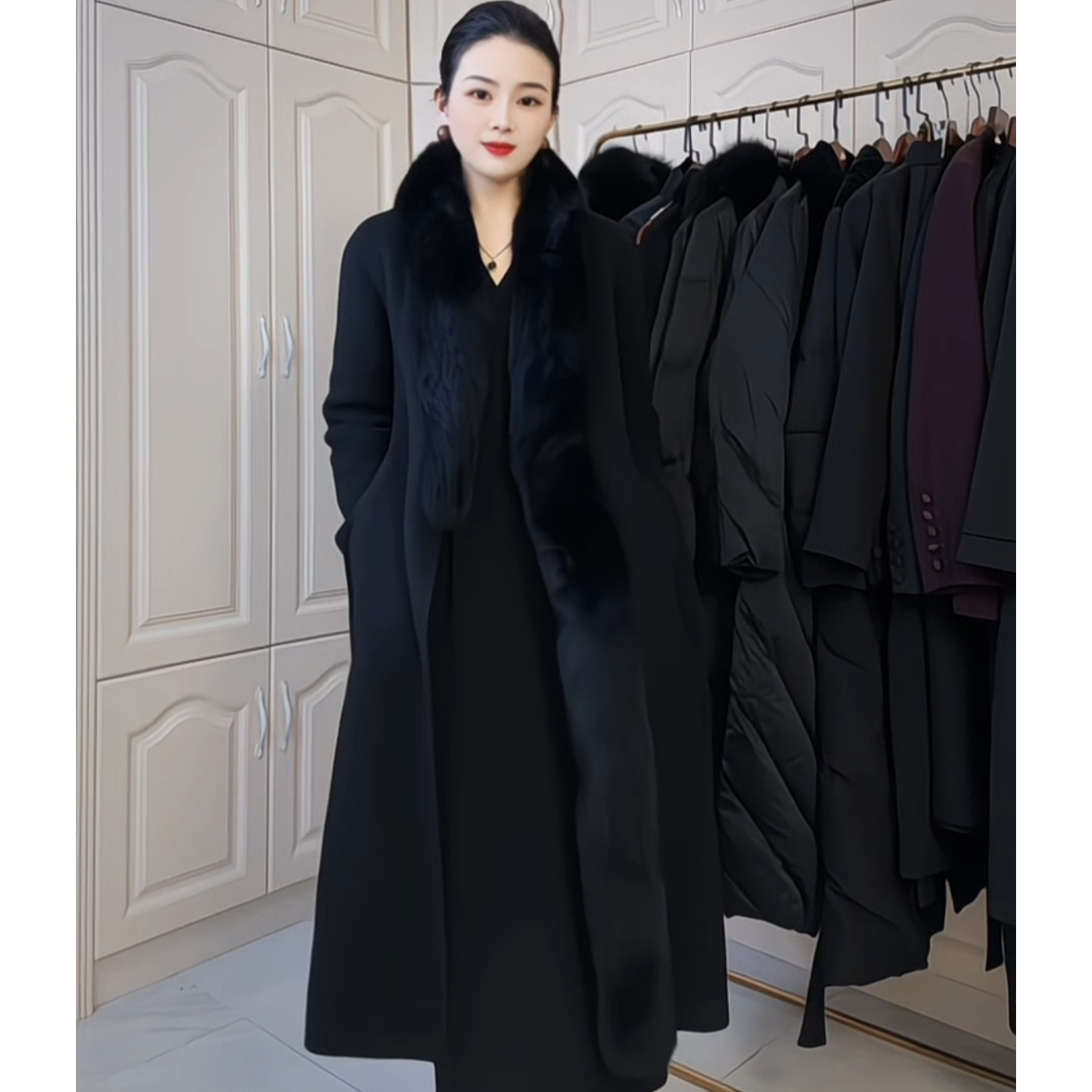 春秋新款定制高端气质狐狸毛领双面澳洲羊毛大衣中长款2102