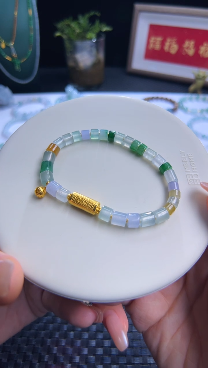 足金镶嵌手串翡翠高冰直切！卡6直切藏风设计！超酷！强推！