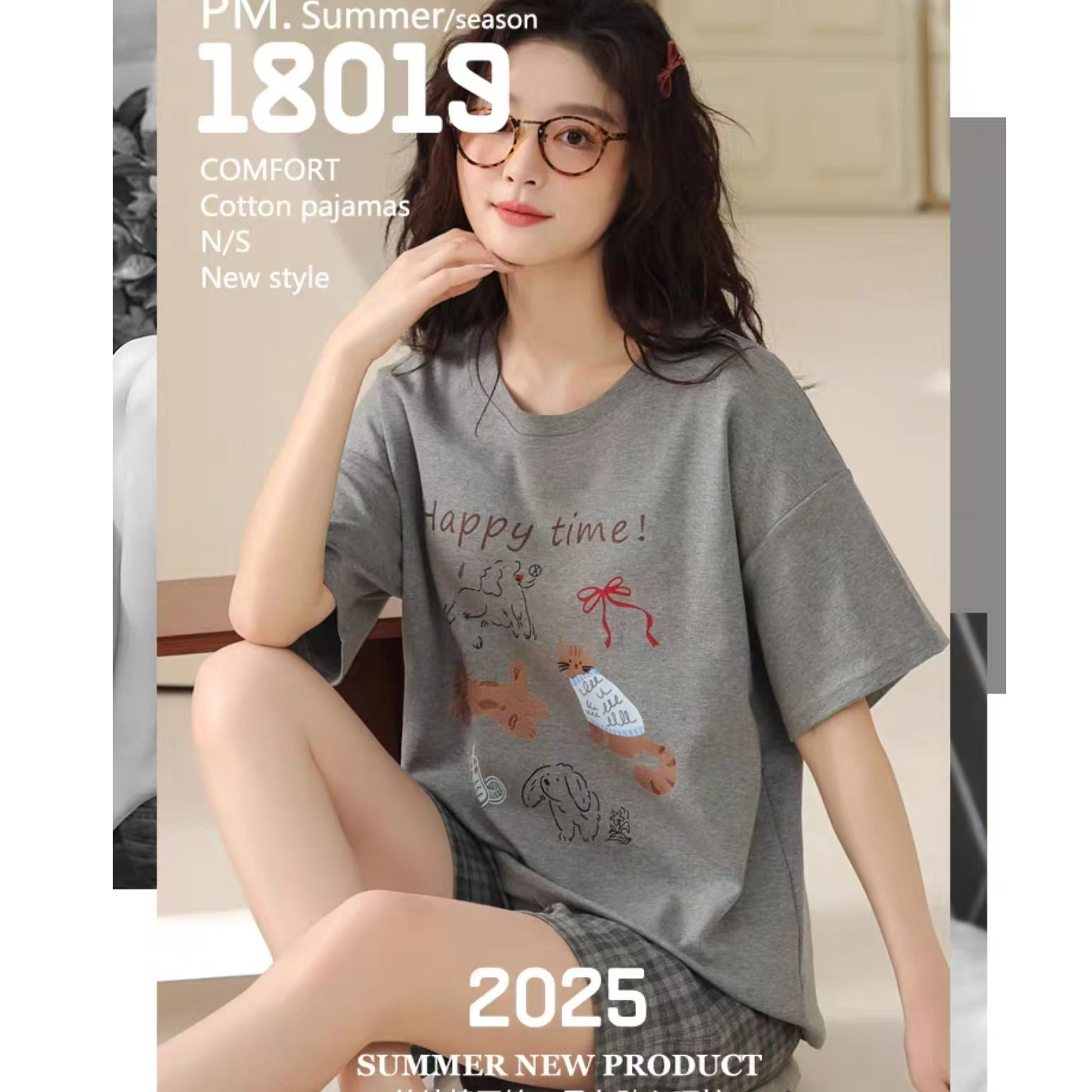 91-夏季女士灰色蝴蝶结小猫小狗带胸垫短袖短裤套