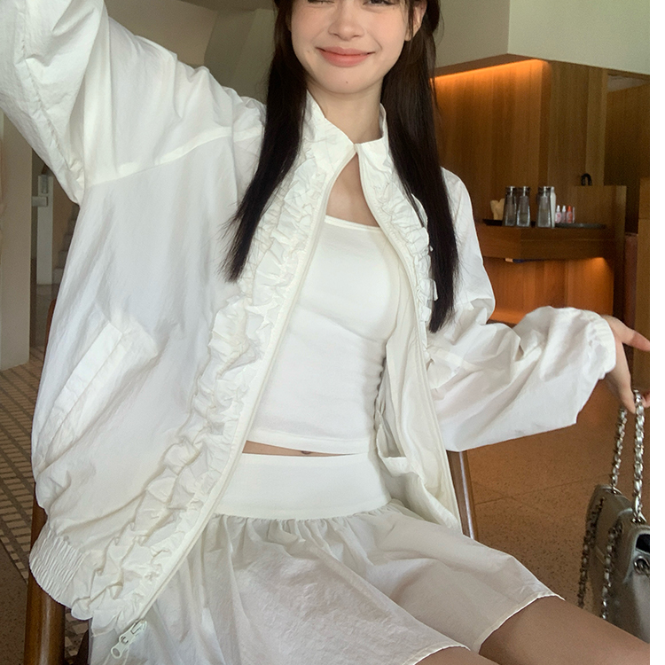 miu系白色花边速干外套女秋季休闲宽松立领夹克设计感上衣半裙