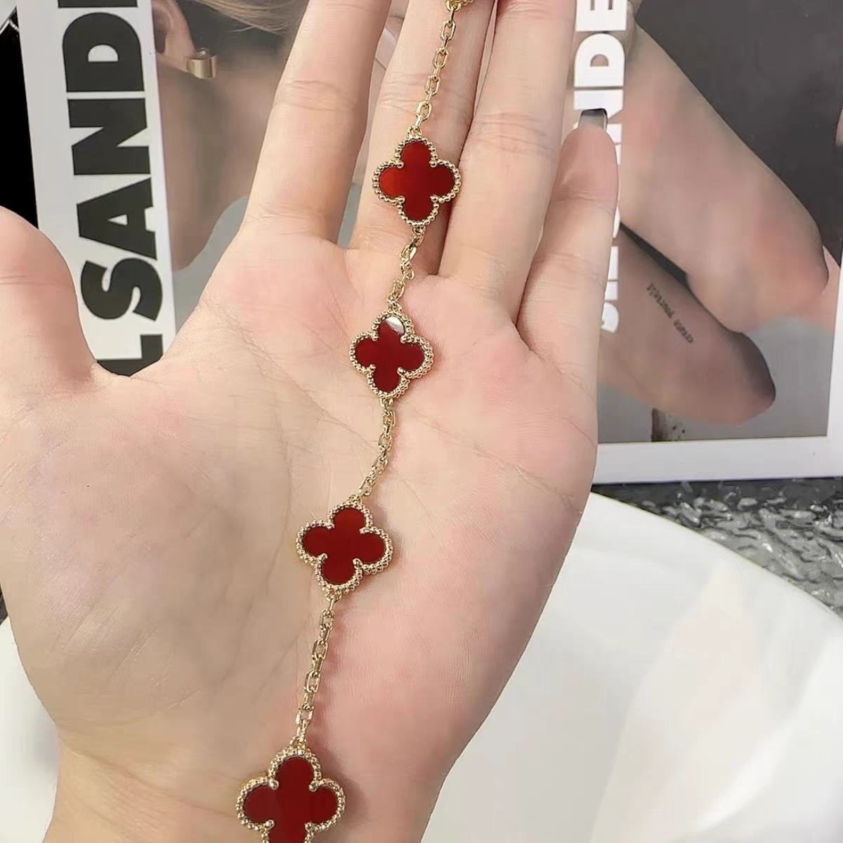 18K红色四叶草手链