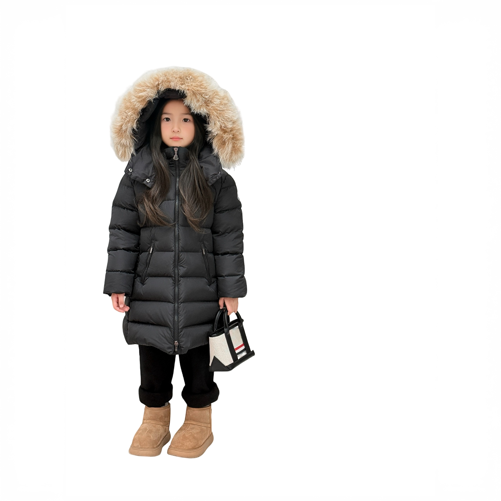 （097）冬季儿童黑色毛领长款羽绒服