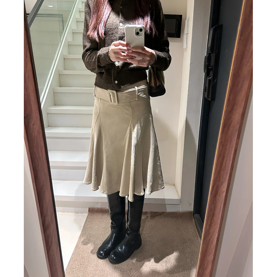 麂皮绒插片式灵动散摆中长裙女冬季新款气质低腰遮胯垂感半身裙