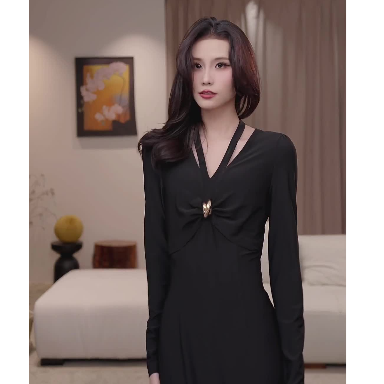 【安安】雾都晚宴 修身型常规款法式V领长袖连衣裙-VG0455