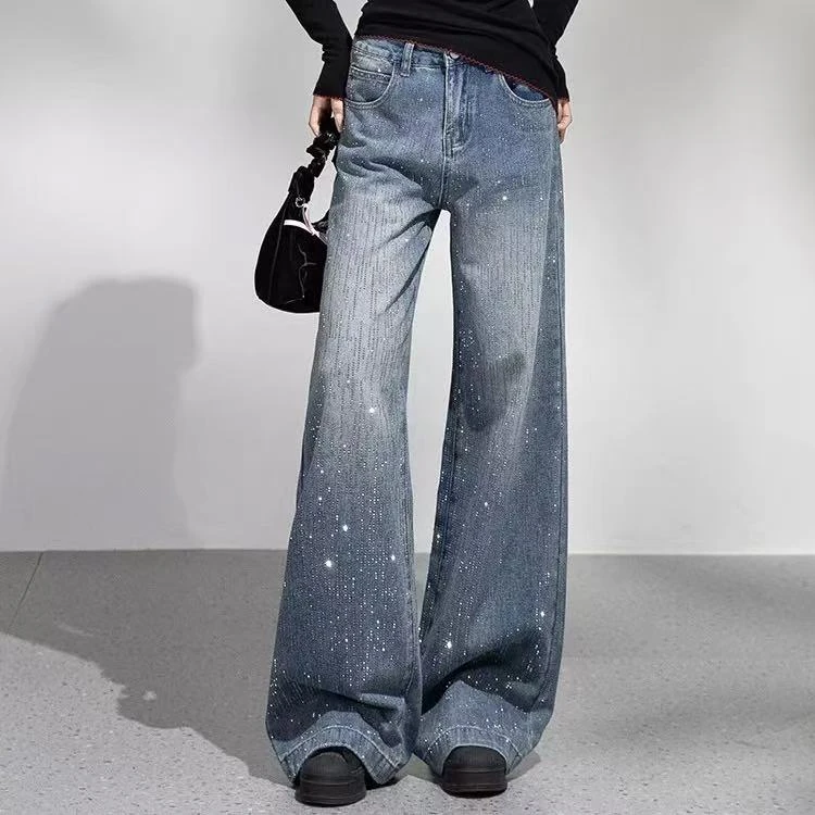 【敏姐严选】新款重工烫钻加绒牛仔满天星阔腿裤b3002