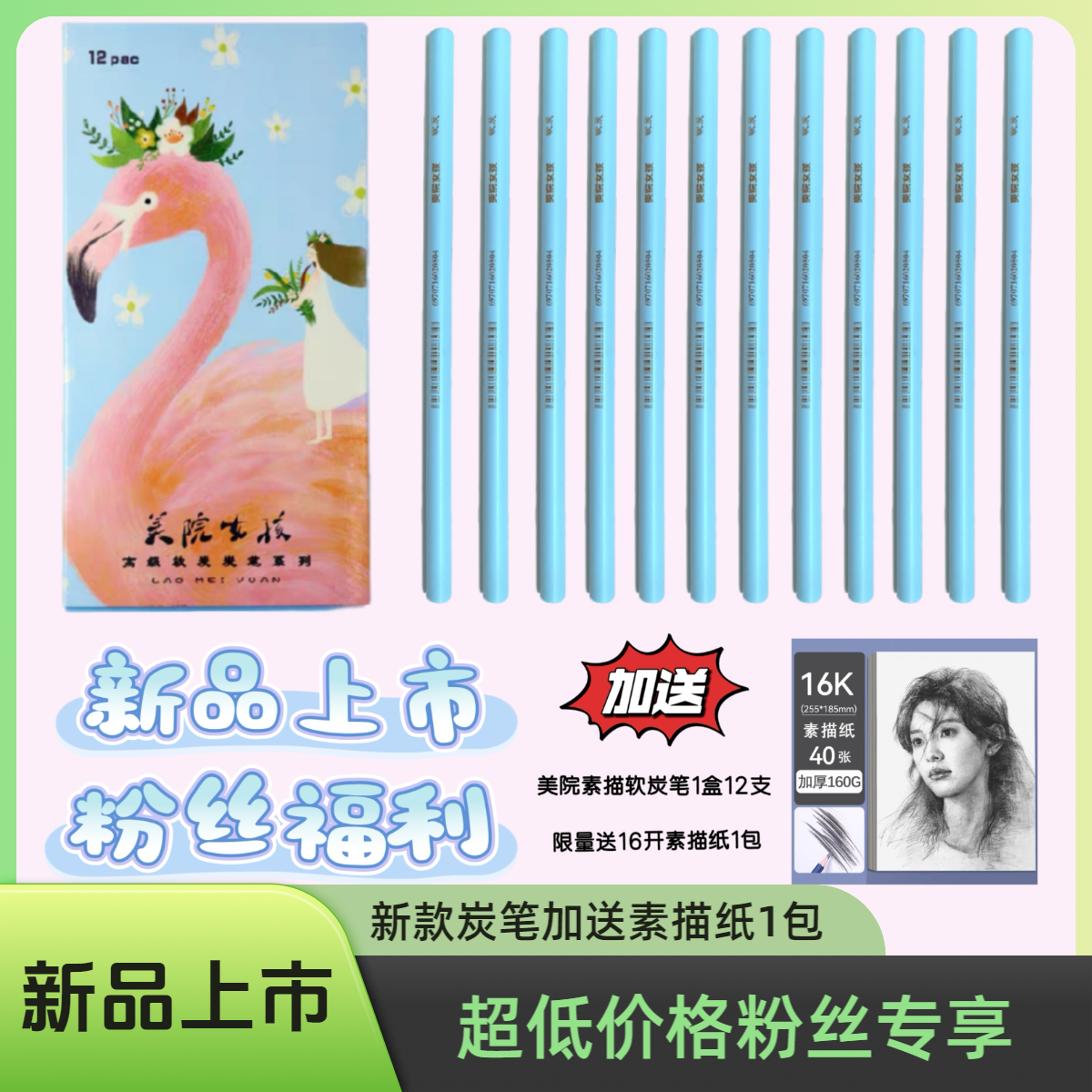 新品上市美院素描炭笔1盒12支 限量加送16开加厚素描纸1包