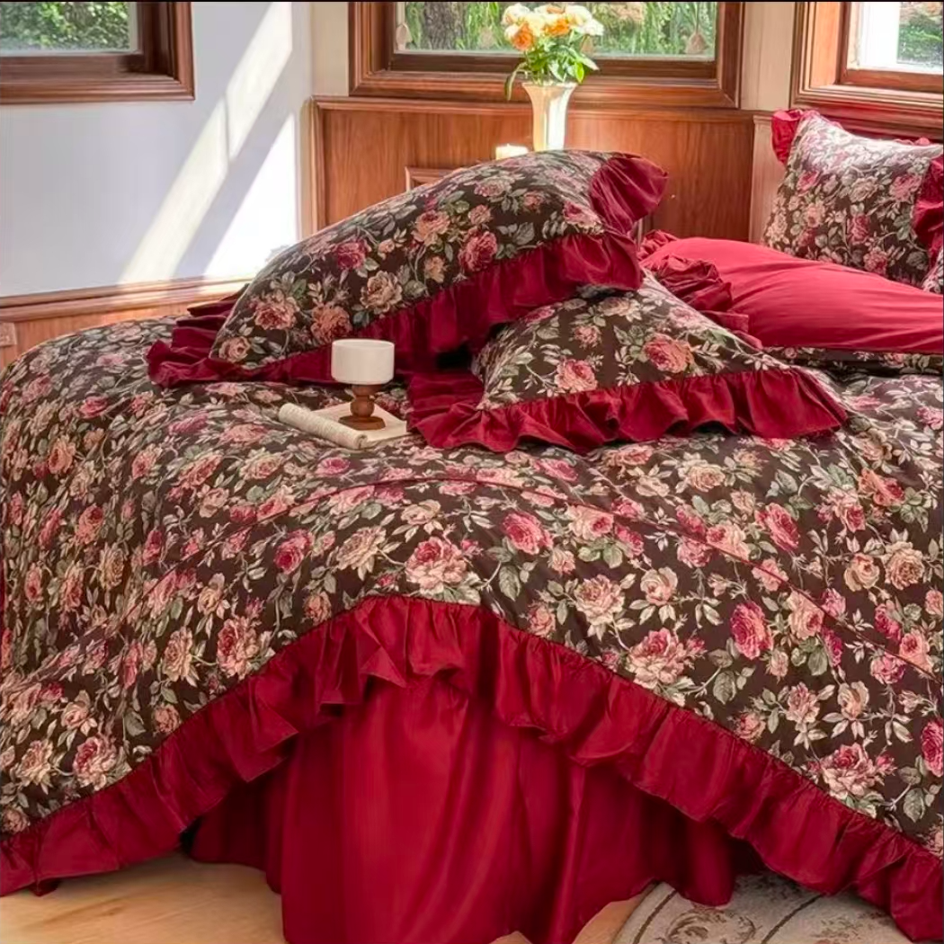 [新疆包邮]酒红色印花绯色花园被套床上用品四件套 普通床单款式！