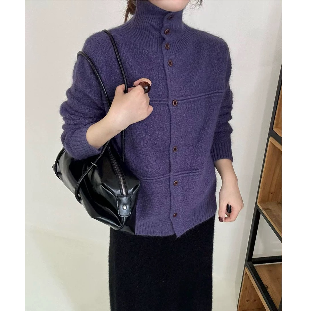 【双条纹】紫色欧货气质针织开衫女毛衣外套气质单排扣宽松上衣