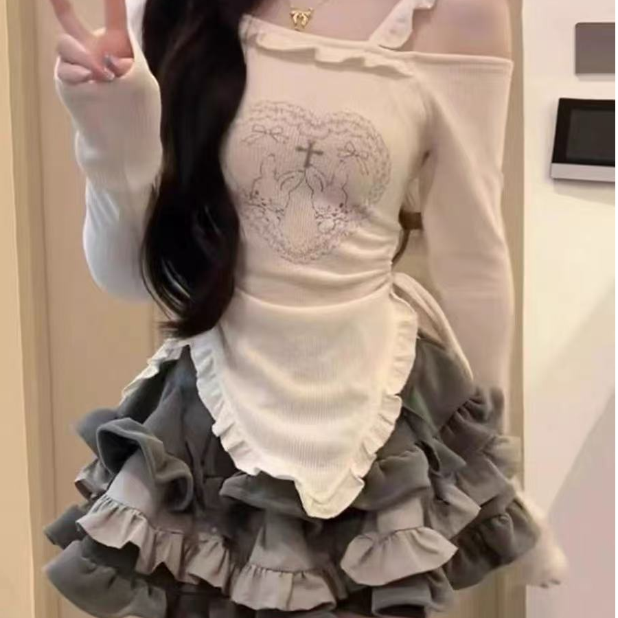 岩岩家性感露肩打底衫+灯芯绒撞色拼接蛋糕裙（分开下单）
