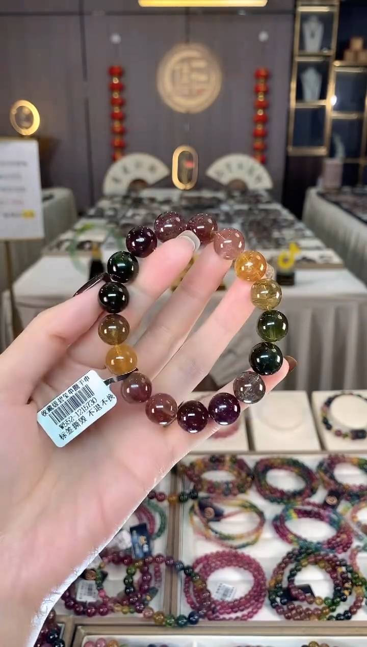 未镶嵌老矿碧玺色标彩虹单圈手串12mm+碧玺dan多样性发货一条