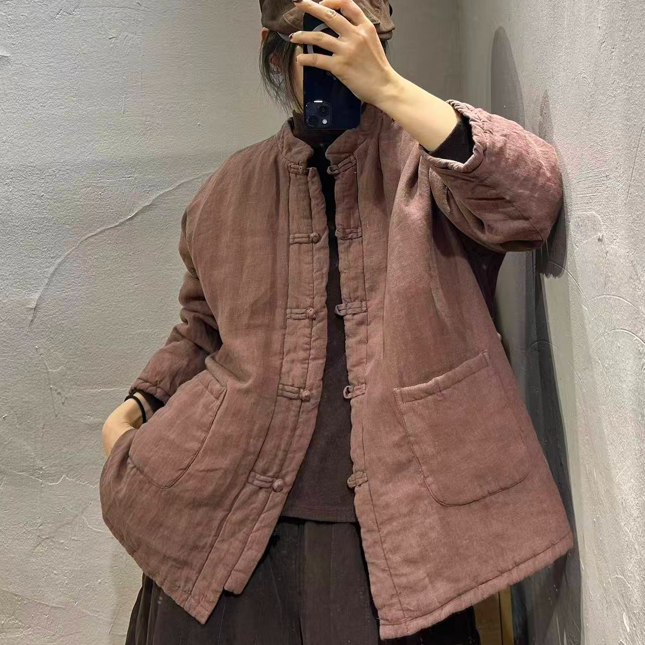 【半奏】冬季新款高定砂洗亚麻绗棉盘扣侧开叉厚款棉服女 穿到160斤